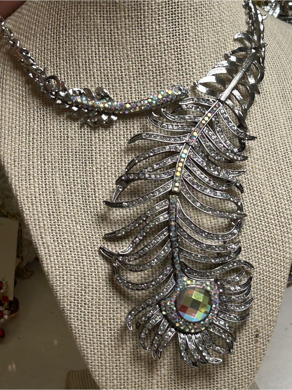 Silver-Tone Crystal Peacock Feather Necklace - Iridescent Accents